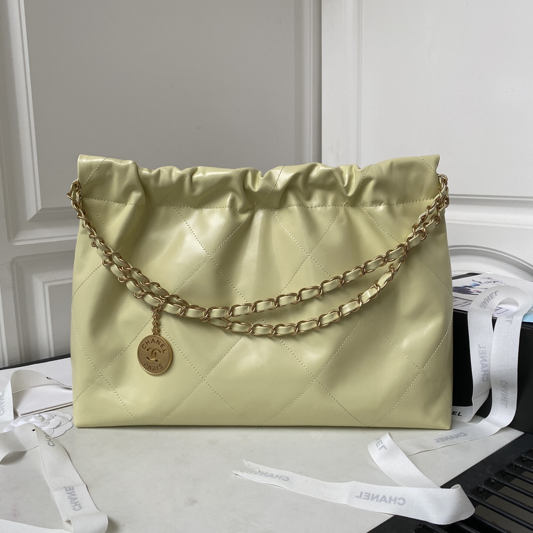 Ch*el 22 handbag shiny calfskin yellow 30×45×8cm