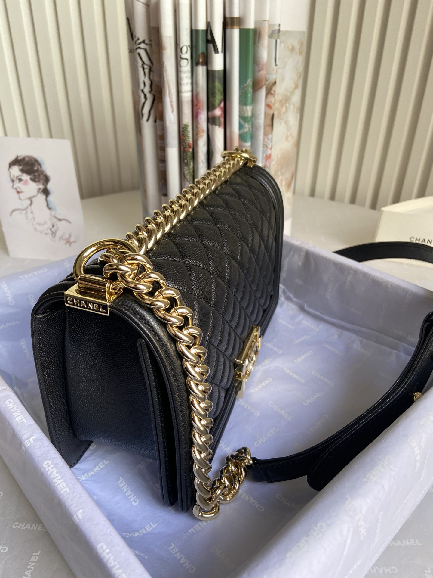 boy Ch*el handbag shiny grained calfskin & gold-tone metal black 5.9 × 9.8 × 3.5 in