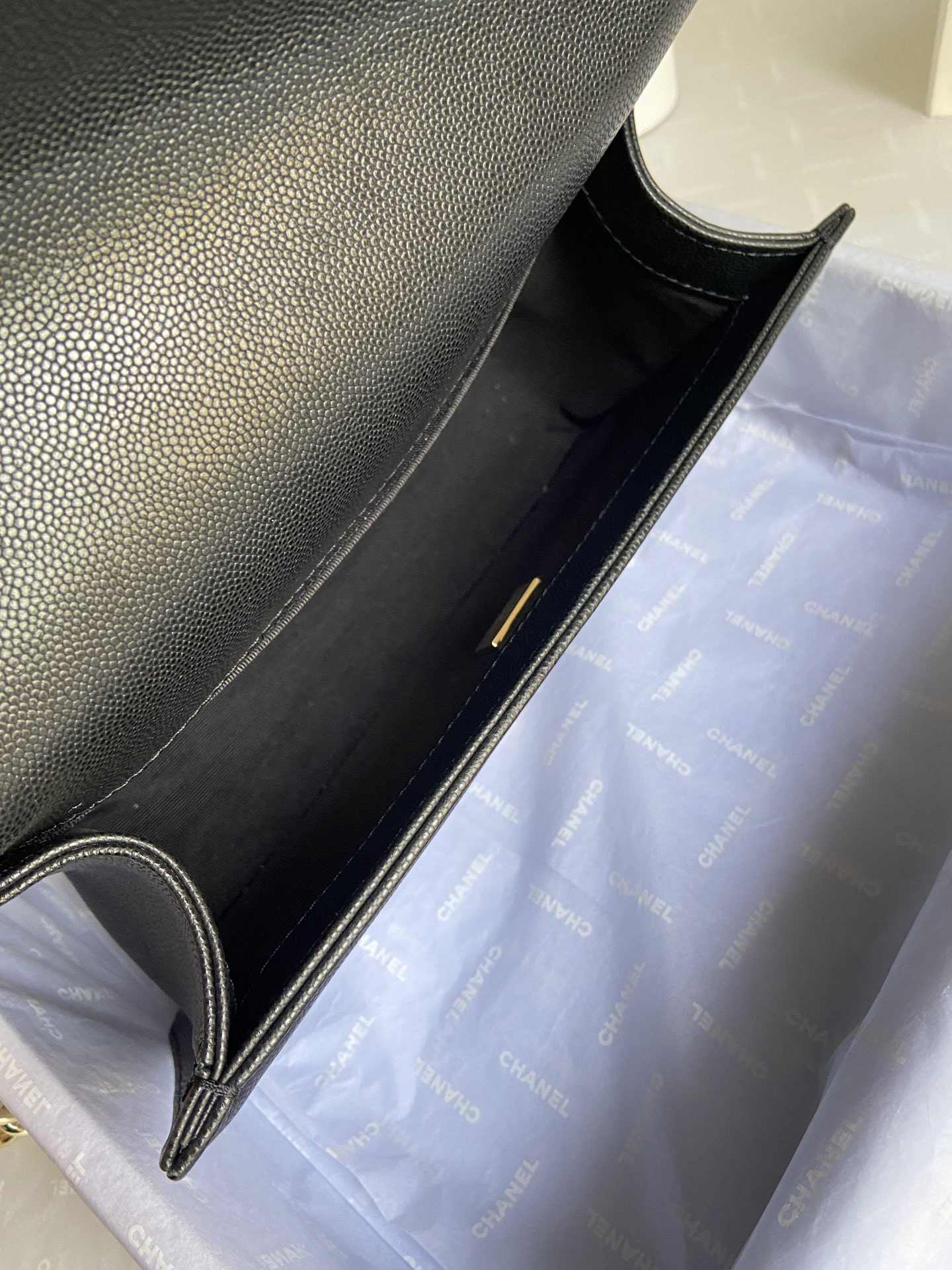 boy Ch*el handbag shiny grained calfskin & gold-tone metal black 5.9 × 9.8 × 3.5 in