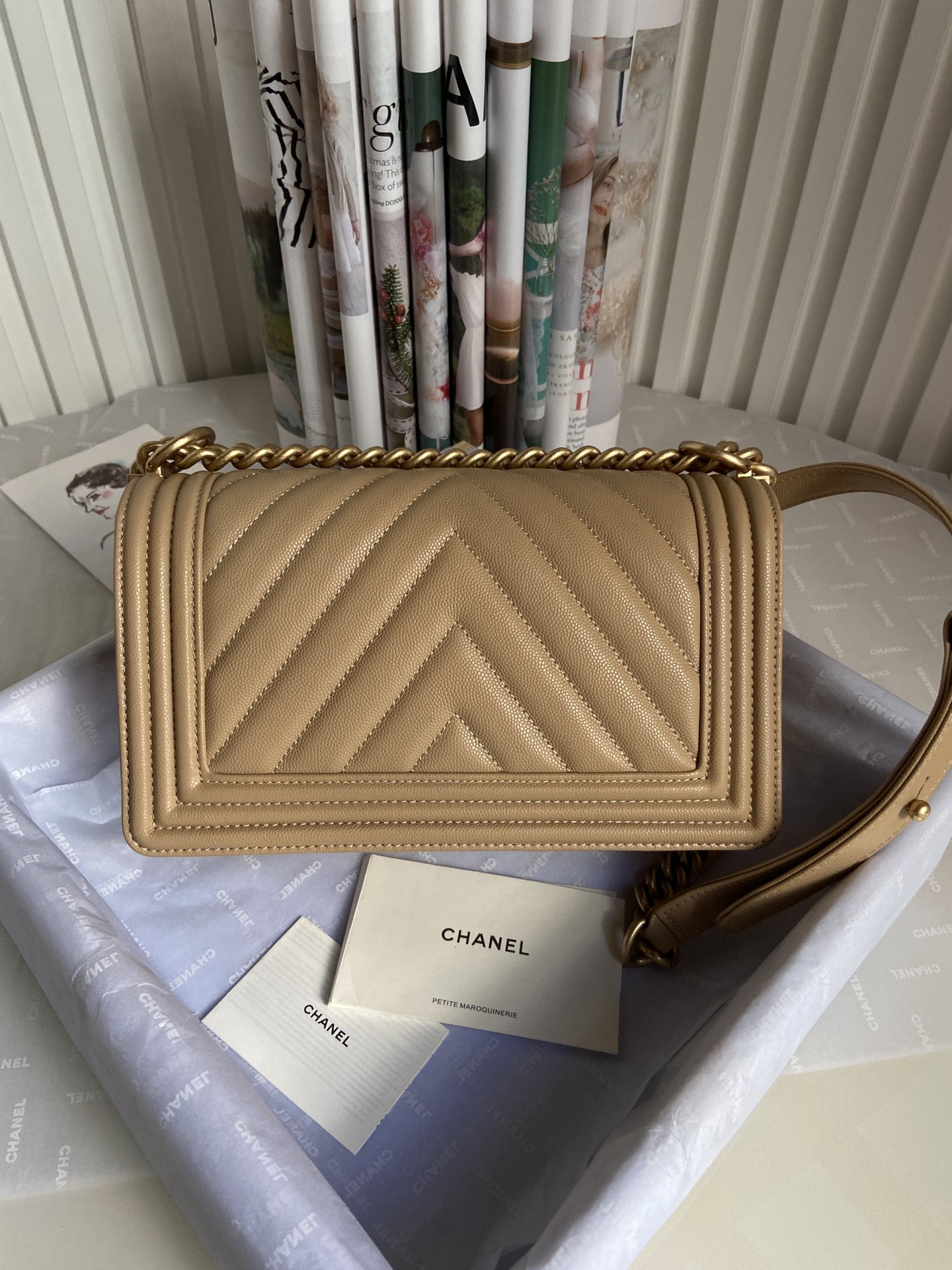 boy Ch*el handbag shiny grained calfskin brown 5.9 × 9.8 × 3.5 in