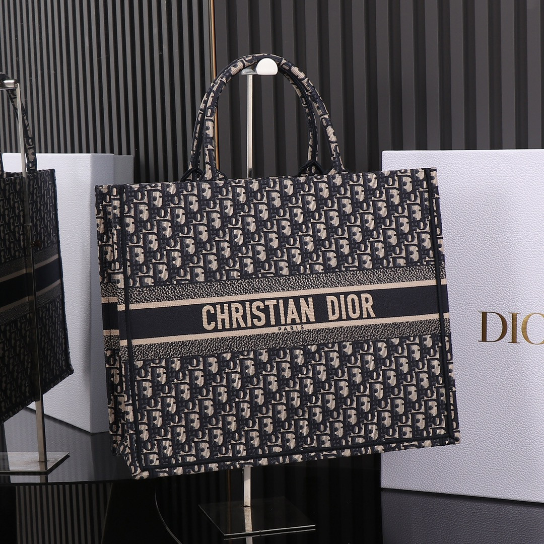 large D*or book tote  ecru and blue D*or oblique embroidery 16.5 x 14 x 7.5 inches