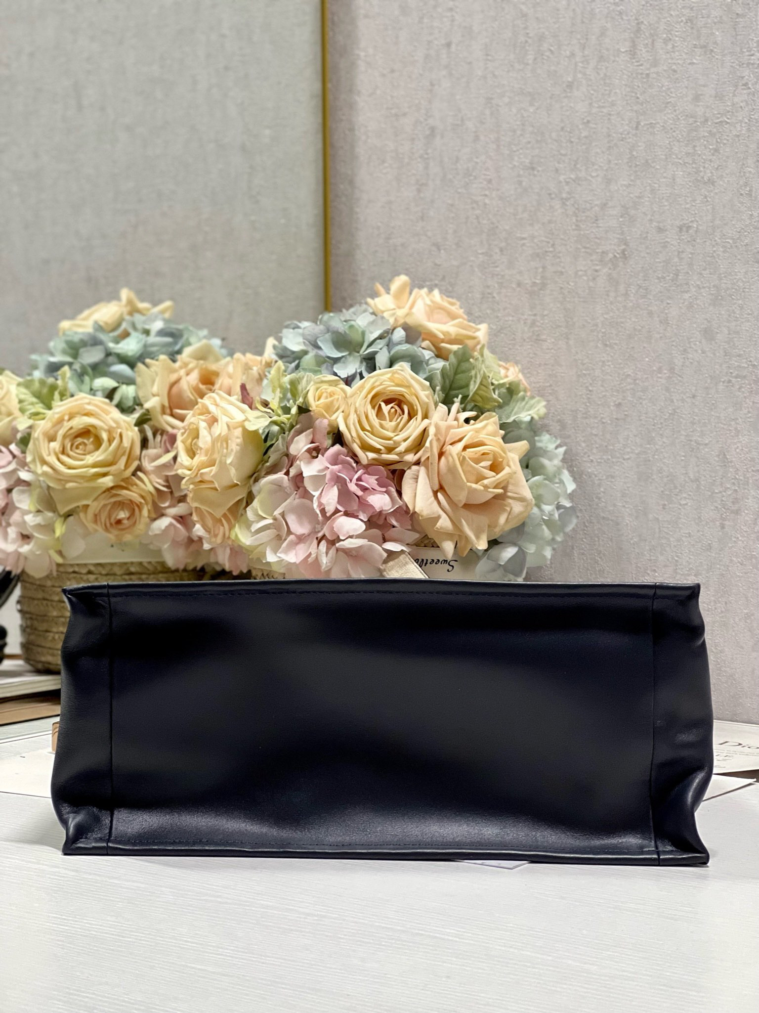 medium D*or book tote ecru and blue D*or oblique embroidery 14 x 11 x 6.5 inches