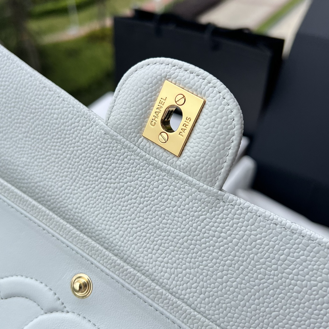 Ch*el classic handbag grained calfskin & gold-tone metal white 6 × 9.9 × 2.5 in