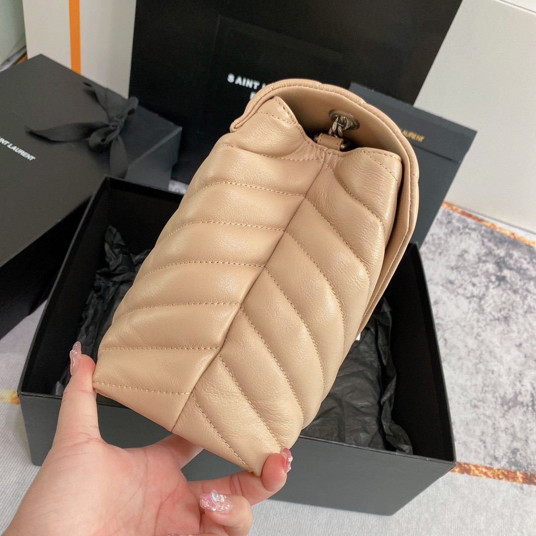 Y*L loulou medium in quilted leather dark beige silver 12.5 x 8.6 x 3.5 inches