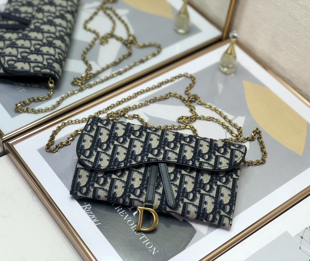 D*or saddle pouch with chain blue D*or oblique jacquard 8.5 x 5 x 1.5 inches