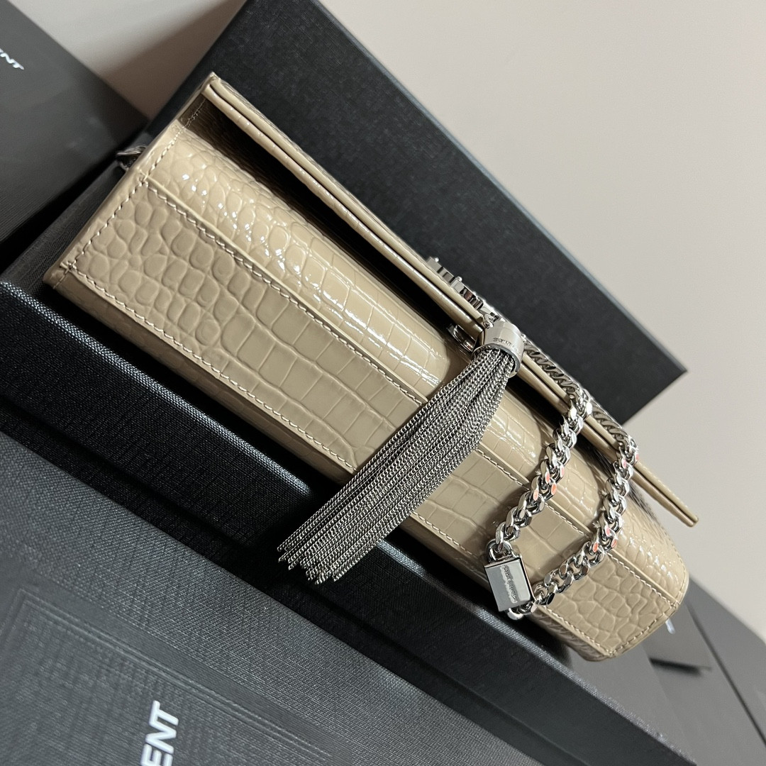 Y*L kate medium tassel in crocodile-embossed leather beige 9.4 x 5.7 x 2.1 inches