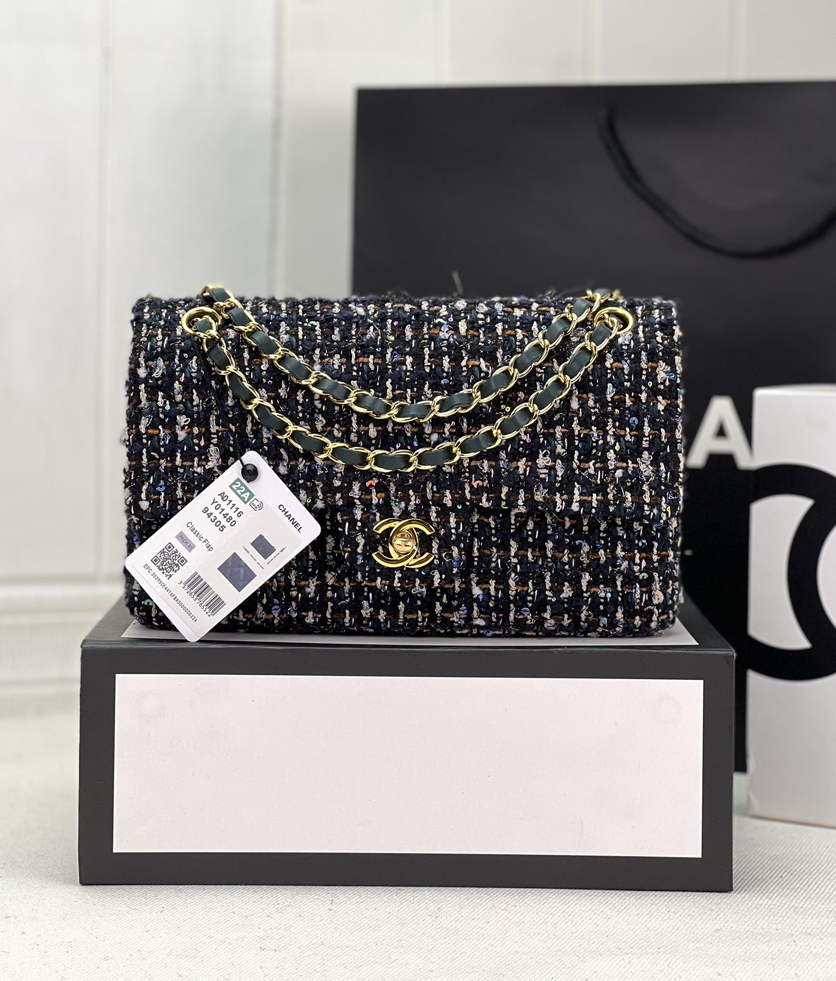 Ch*el classic 11.12 handbag tweed & gold-tone metal   6 × 9.9 × 2.5 in