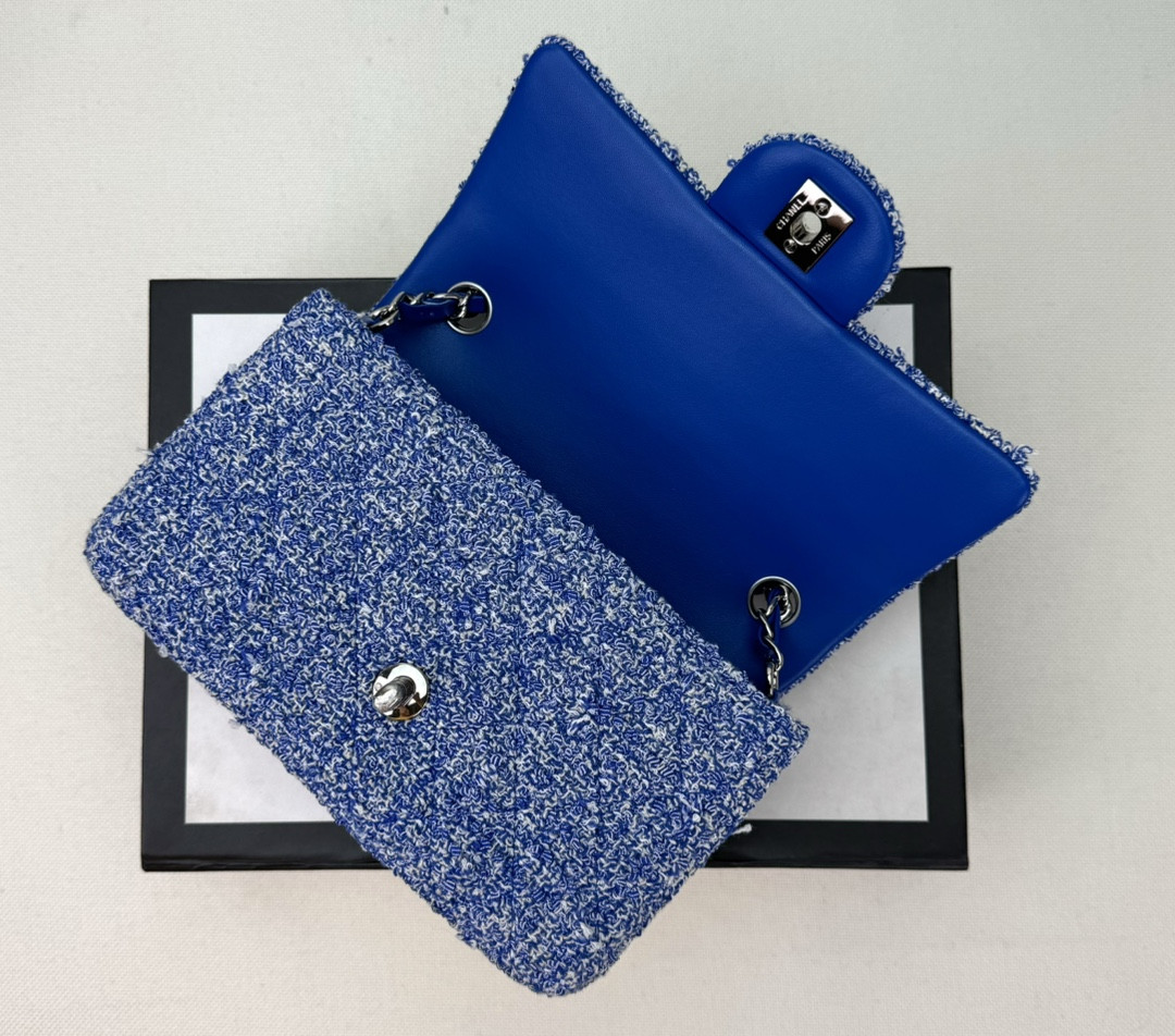 Ch*el mini classic 11.12 handbag  tweed & silver-tone metal 4.7 × 7.8 × 2.3 in